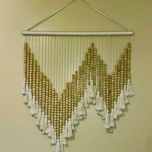 Handmade Bohemian Wall Hanging Macrame Cream with Tan Wooden Beads